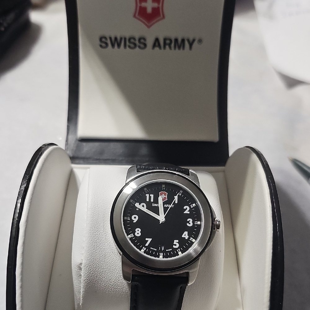 Swiss Army Black and Silver Watch with Leather Strap